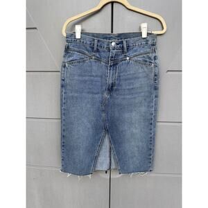 Rag Bone High Waist Distressed Denim Midi Skirt Frayed Hem Front Slit Sz 27